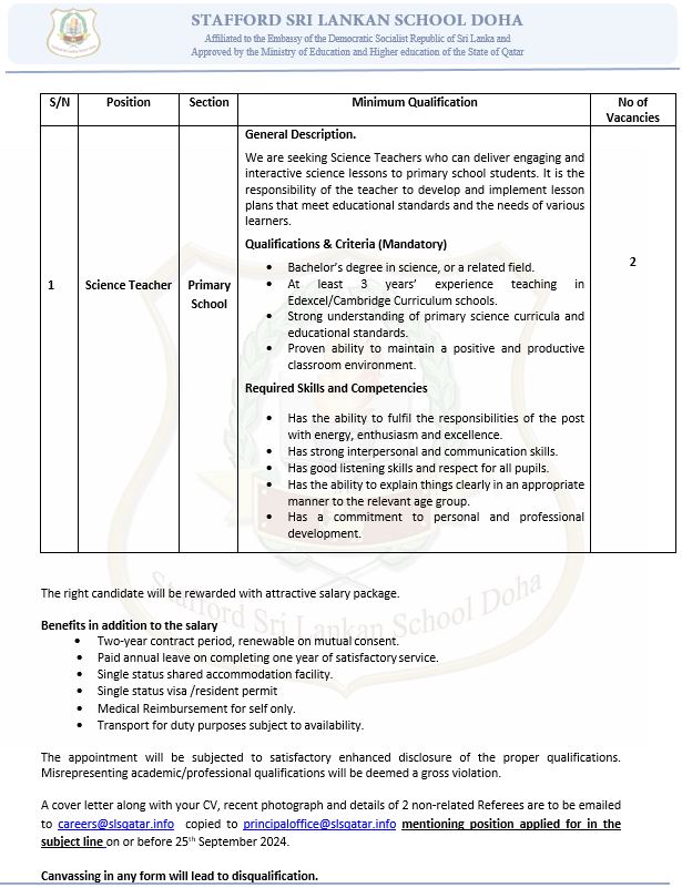 Science Teacher Job Vacancy at Sri Lanka School in Qatar