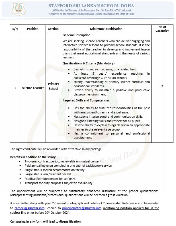 Mathematics Teacher Job Vacancy at Sri Lanka School in Qatar