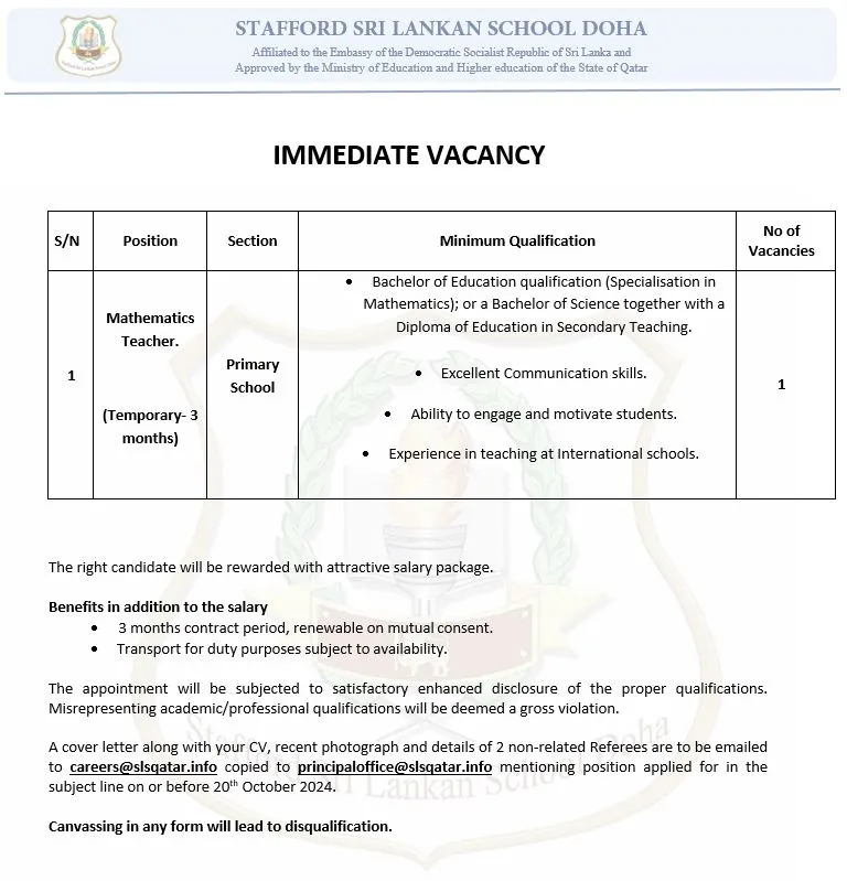 Mathematics Teacher Job Vacancy at Sri Lanka School in Qatar